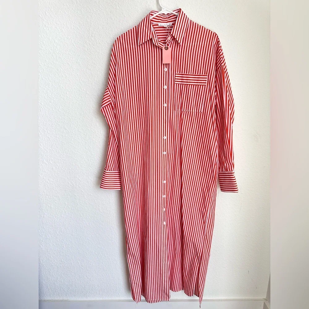 NWT KARLIE stripe poplin pocket maxi shirt‎ dress in red Small - Picture 5 of 16